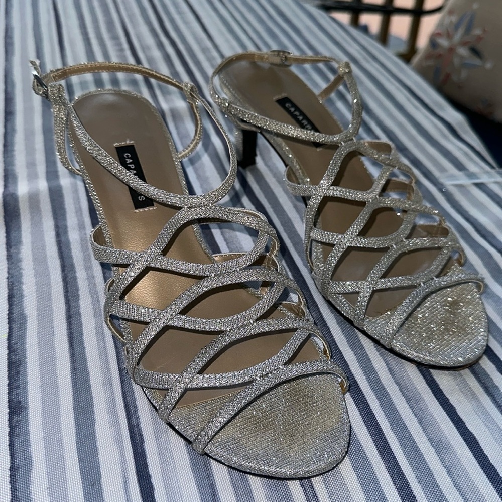 Caparros silver heels Size 8.5B Manmade upper-Leather Sole ~3” heel